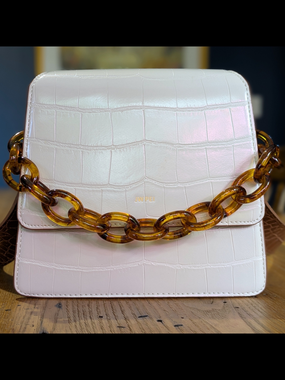 JW PEI White Croc-Embossed Shoulder Bag with Tortoiseshell Chain